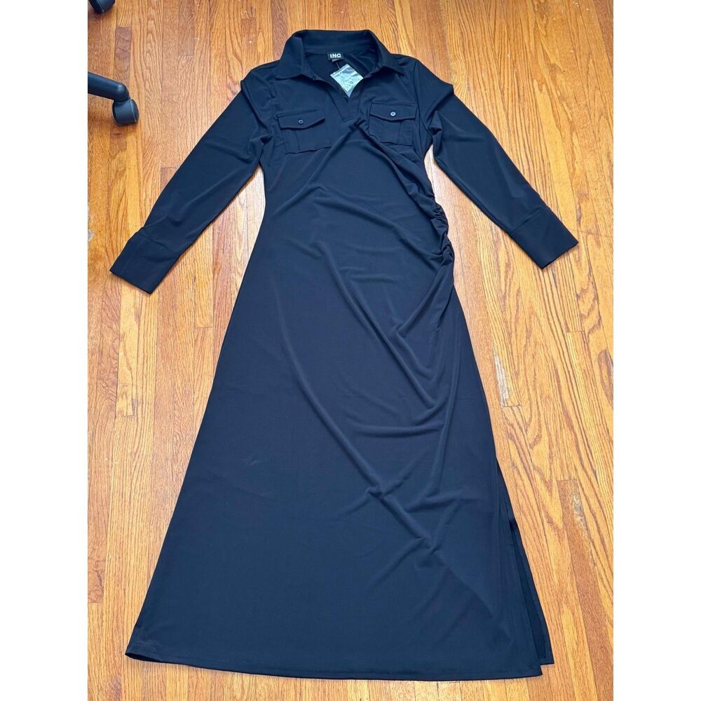 INC International Concepts Women Large Black Ruched Collared Maxi Shirt Dress